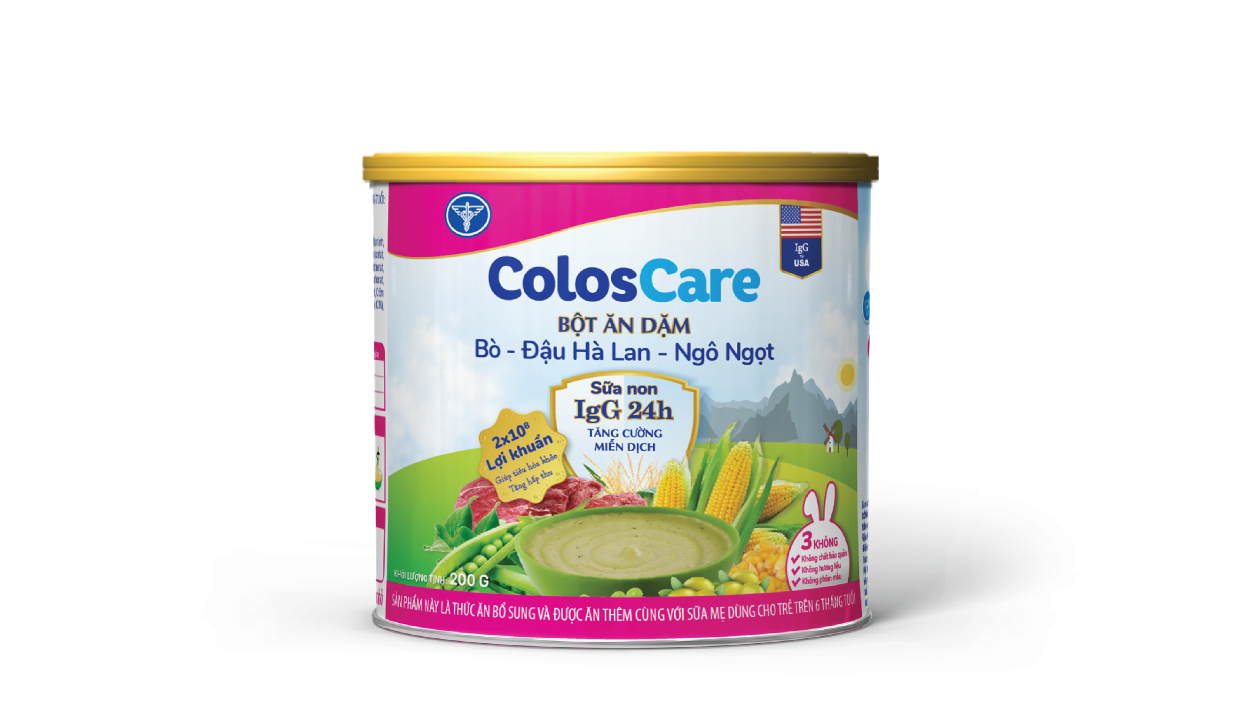 Sản phẩm dinh dưỡng chế biến từ ngũ cốc dành cho trẻ từ 6 tháng tuổi: Bột ăn dặm ColosCare Bò đậu Hà Lan ngô ngọt