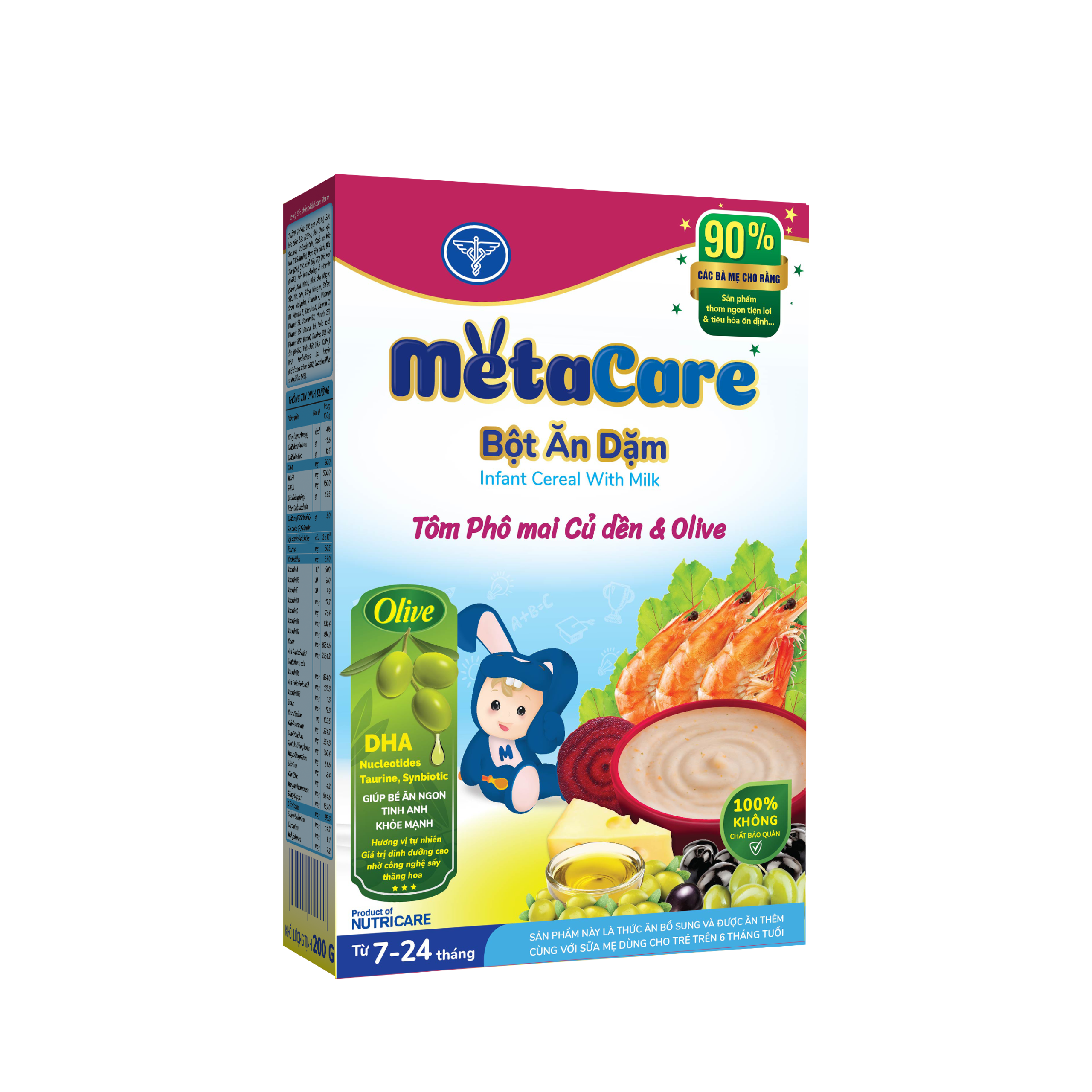 Sản phẩm dinh dưỡng chế biến từ ngũ cốc bột ăn dặm Metacare Tôm phô mai củ dền & Olive
