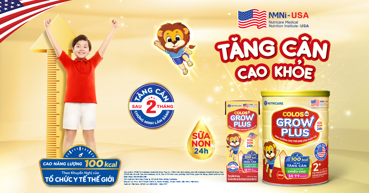 Nutricare Colos24h Grow Plus 2+ mới từ Viện Dinh dưỡng Y học Nutricare Hoa Kỳ giúp trẻ tăng cân sau 2 tháng